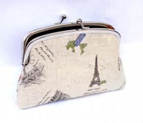 Linen world travel coin purse with 2 compartments and black interior eg. Rome, Paris, london