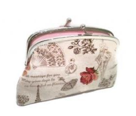 Large French vintage style linen coin purse with 2 compartments, Eiffel tower, roses, lace, parasole