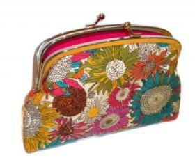 Modern Kiss lock wallet with bright funky flowers - in pink, orange, yellow with 2 compartments