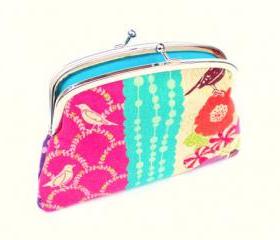 Bright coin purse wallet in kokka etsuko echino linen - flower & bird design, double frame purple, pink, orange with turquoise inside