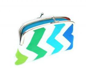 White chevron kiss lock coin purse with teal, aqua, green and blue zig-zag pattern, 2 compartments