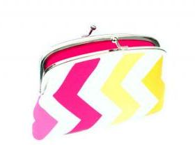 Bright chevron kiss lock Wallet with pink, yellow, orange zig-zag design, 2 compartment coin purse
