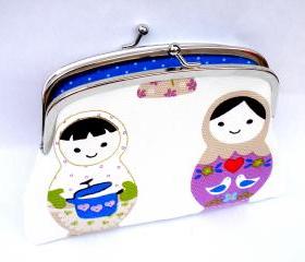 White Russian doll / babushka coin purse - cute design kiss lock wallet with blue polka dots
