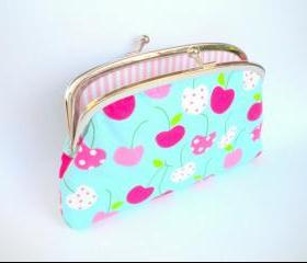 Large coin purse wallet made with metal clasp frame - kitsch cherry and stripey - kawaii