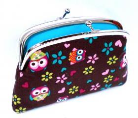 Cute Coin purse pouch made from Brown kawaii owl fabric with 2 sections interior - metal frame wallet