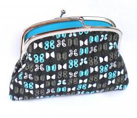 Grey Butterfly Coin purse with kiss clasp frame divider and 2 compartments- turquoise interior