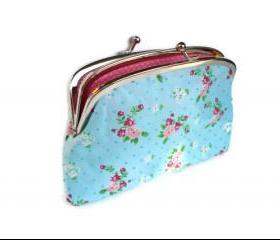 Coin pouch - Blue ditsy metal frame purse with 2 compartments - cath kidston fabric floral and Pink polka dots