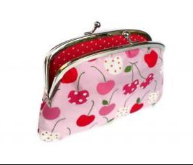 Large coin purse wallet made with metal kiss clasp frame- kawaii pink cherries and red polka dots