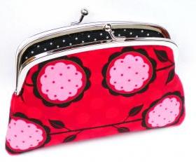 coin purse wallet with double frame snap lock - red flowers and polka dot fabric