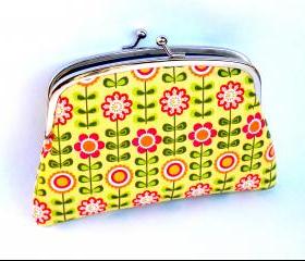 Yellow flower coin purse made with twin section metal wallet frame - orange floral