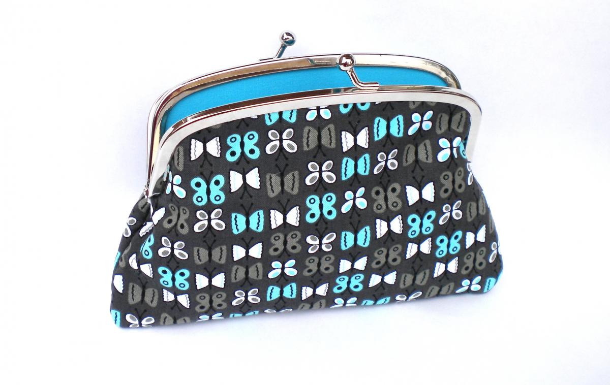 Grey Butterfly Coin purse with kiss clasp frame divider and 2 compartments- turquoise interior