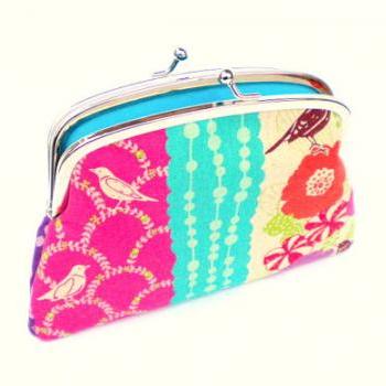 Bright coin purse wallet in kokka etsuko echino linen - flower & bird design, double frame purple, pink, orange with turquoise inside