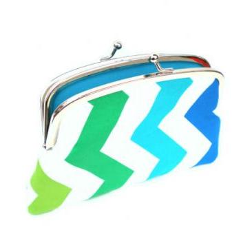White chevron kiss lock coin purse with teal, aqua, green and blue zig-zag pattern, 2 compartments