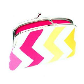 Bright chevron kiss lock Wallet with pink, yellow, orange zig-zag design, 2 compartment coin purse