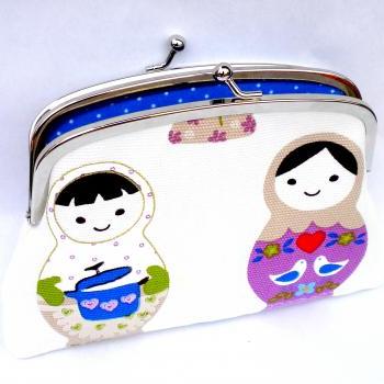 White Russian doll / babushka coin purse - cute design kiss lock wallet with blue polka dots