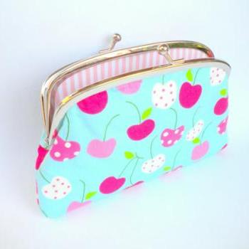 Large coin purse wallet made with metal clasp frame - kitsch cherry and stripey - kawaii