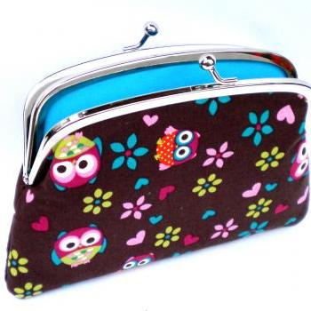 Cute Coin purse pouch made from Brown kawaii owl fabric with 2 sections interior - metal frame wallet