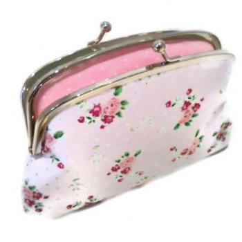 Double section coin purse - White Shabby Chic ditsy fabric wallet - cath kidston & pastel pink polka dots