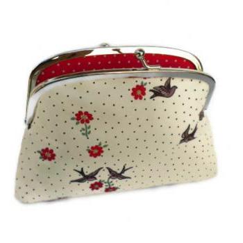 Large Coin purse - metal frame wallet with 2 compartments - Cream swallow fabric floral and Red polka dots
