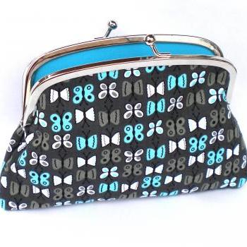 Grey Butterfly Coin purse with kiss clasp frame divider and 2 compartments- turquoise interior