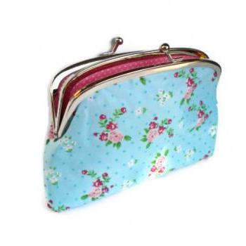 Coin pouch - Blue ditsy metal frame purse with 2 compartments - cath kidston fabric floral and Pink polka dots