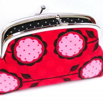 coin purse wallet with double frame snap lock - red flowers and polka dot fabric