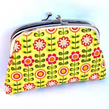Yellow flower coin purse made with twin section metal wallet frame - orange floral